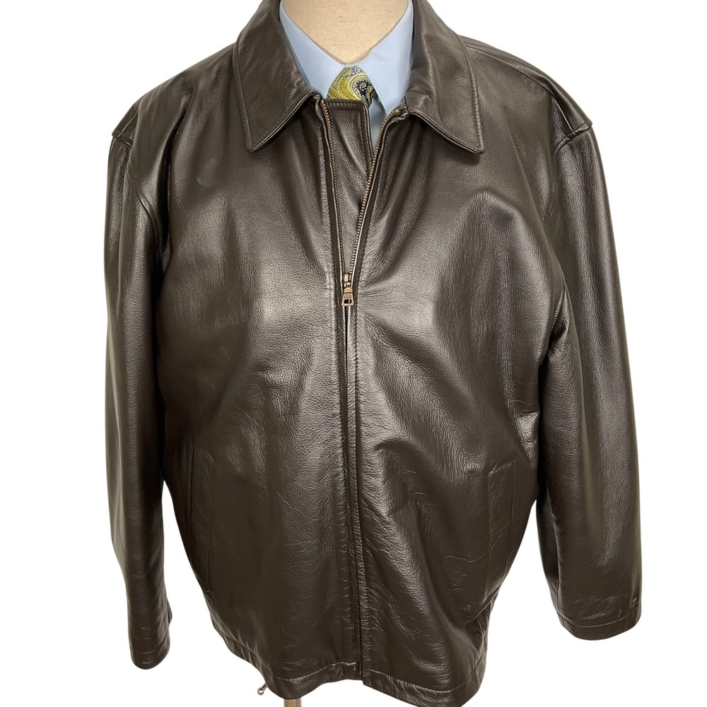 Jos A Bank Jacket Men Large Brown Genuine Leather Biker Bomber Jacket 90s Winter